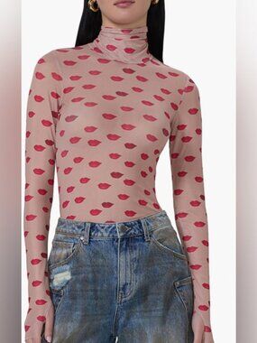 AFRM | Women's Zadie Turtleneck Mesh Top, TAN mesh and RED LIPS print  (Size S/P